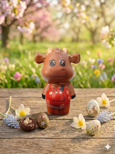 Petite vache en tenue de jardinière. Chocolat au lait